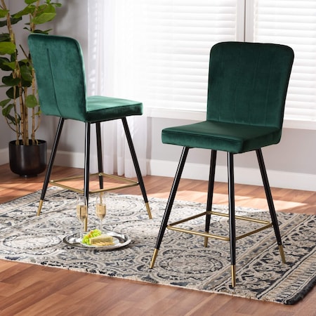 Baxton Studio Preston Modern Luxe and Glam Green Velvet Upholstered and Two-Tone Metal 2-Piece Bar Stool Set Set of 2 190-11785-ZORO